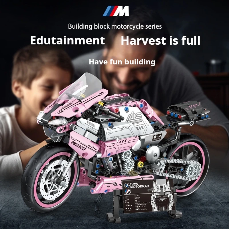 MOC Building Blocks Pink M1000RR Motorcycle Remote Control Light Model Puzzle Assembly Decoration Ornament Toy Acrylic Box