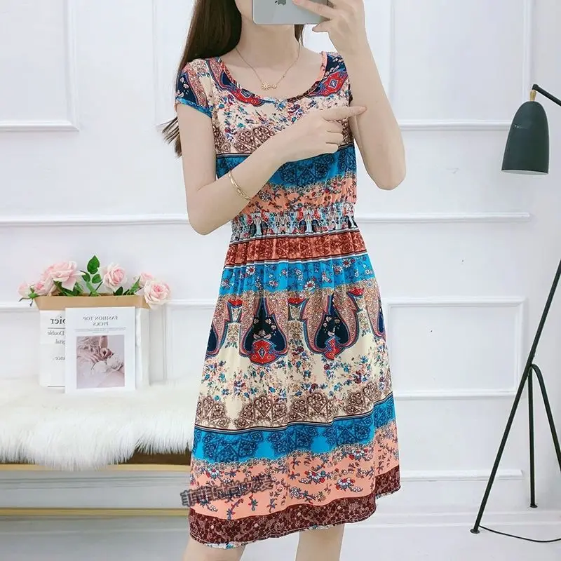 

Summer New Simple Korean Elastic High Waist Fragmented Flower Dress Women O-Neck Print Short Sleeve Fashion Slim A-line Dresses