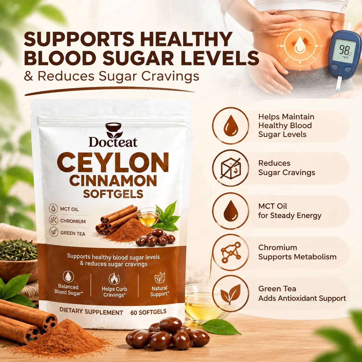 Ceylon Cinnamon Softgels,Supports Healthy Blood Sugar Levels & Reduces Sugar Cravings,MCT Oil, Chromium & Green Tea,60 Softgels