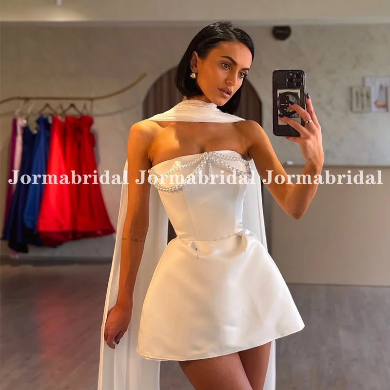 Sexy Short Wedding Dress with Wrap Strapless Pearls Tassel White Satin vestido Above Knee Formal Mini Bridal Gowns Customized