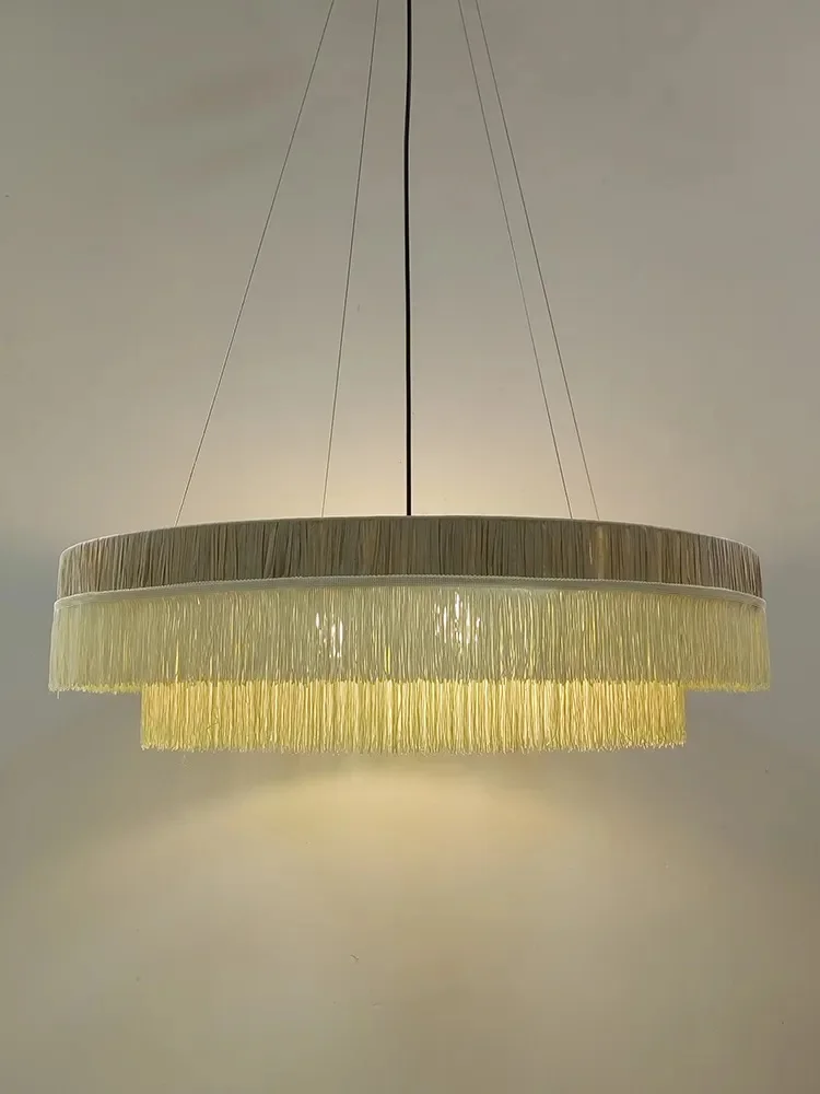 Cream Raffia Straw Tassel Pendant Lamp Decorative Ceiling Light for Restaurant Living Room Bedroom Hotel Designer Chandelier