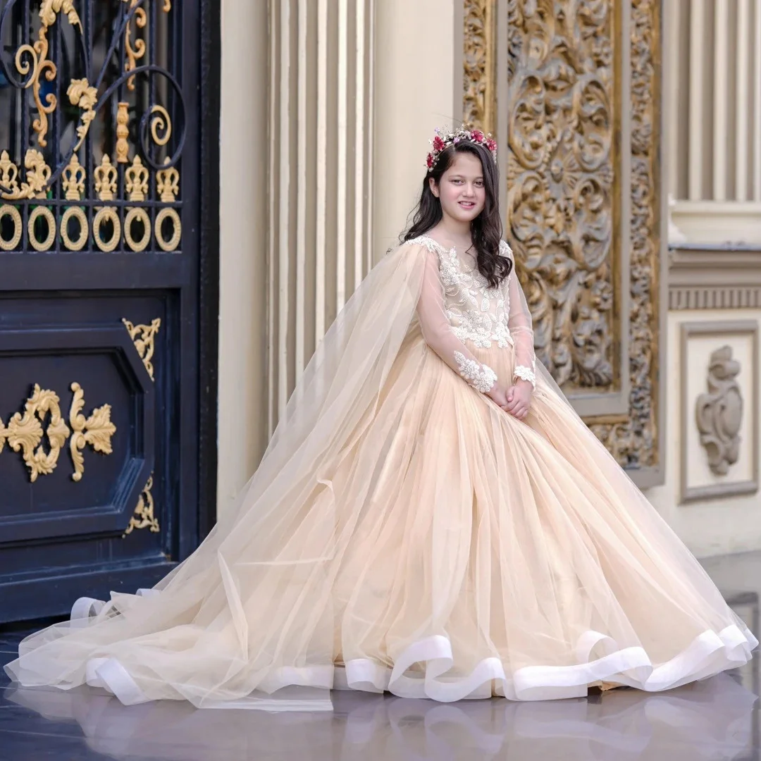 Customized Champagne Flower Girl Dress Tulle With Shawl Long Sleeve For Wedding Birthday Party Holy Communion Gown