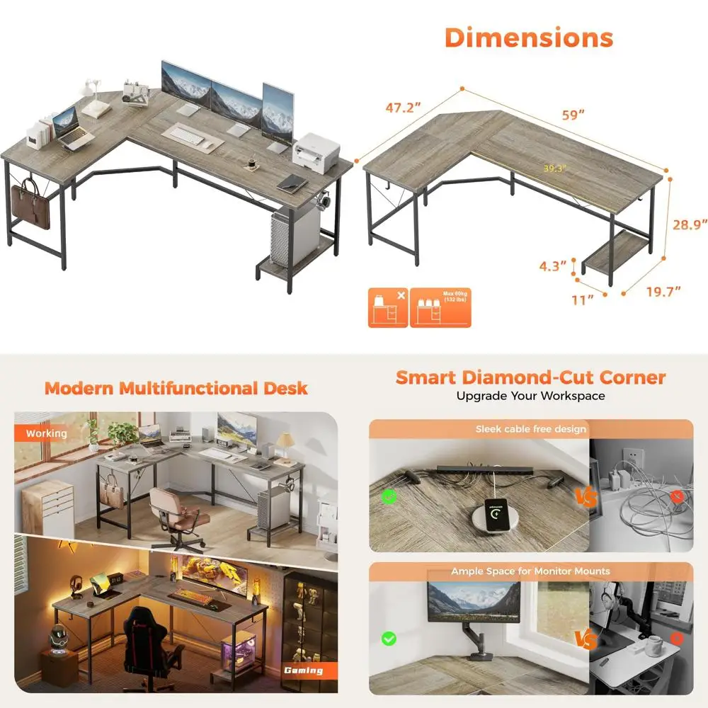 مكتب مكتب منزلي على شكل حرف L، مكتب ألعاب كمبيوتر زاوية 59 بوصة مع حامل وحدة المعالجة المركزية الخشبية، طاولة كتابة للدراسة للعمل المريح أ