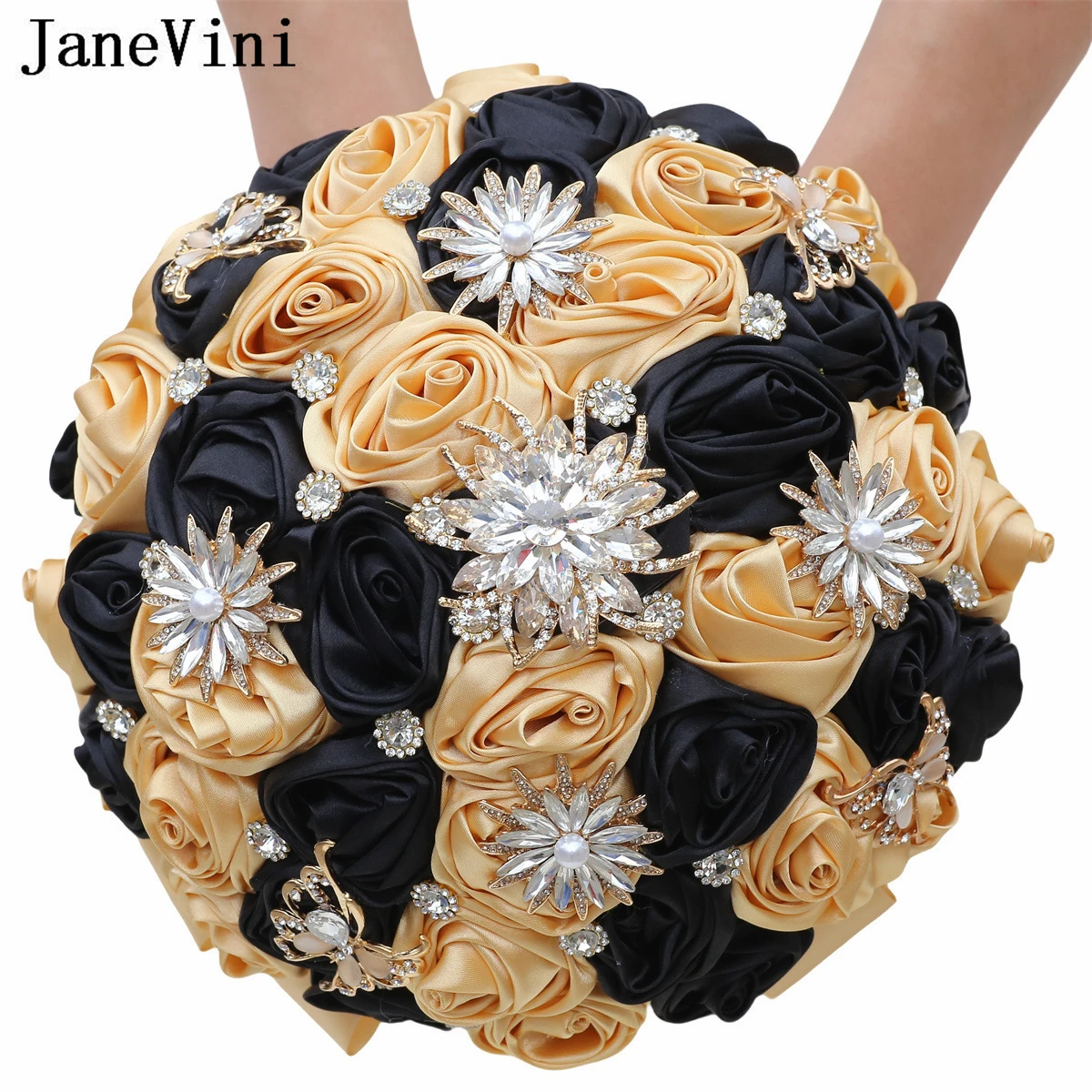 

JaneVini Luxurious Rhinestone Crystal Satin Rose Graduation Wedding Fake Flower Bridesmaid Bride Bridal Bouquet Bruids Boeket