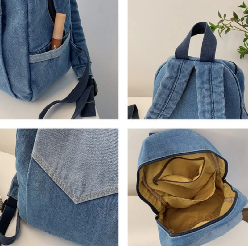 Embroidered New Denim Backpack With Any Name,Customized Fashionable Contrasting Color Commuting Leisure Outdoor Travel Bag