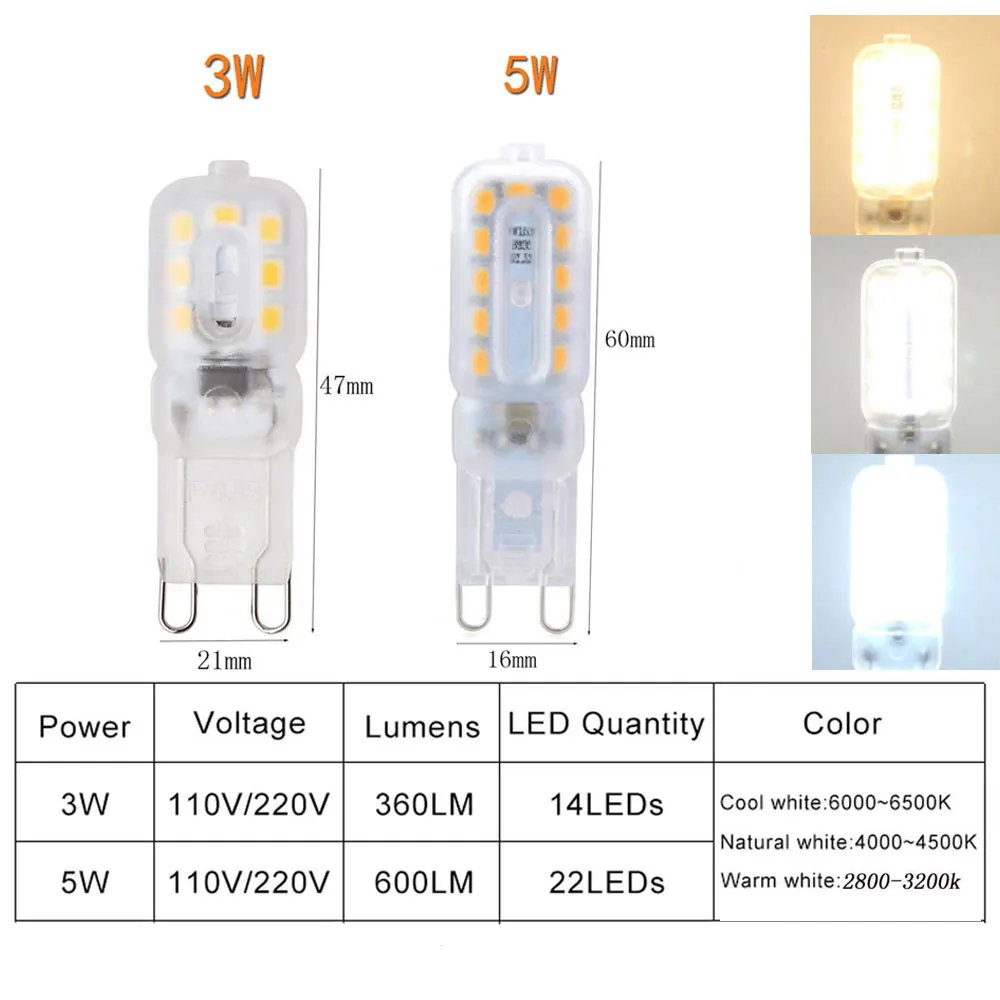 Bombillas LED ajustables G9 3W 5w 2835smd mini bombillas para reemplazar bombillas halógenas de 20w 30w para lámparas de araña de cristal 110v 220V