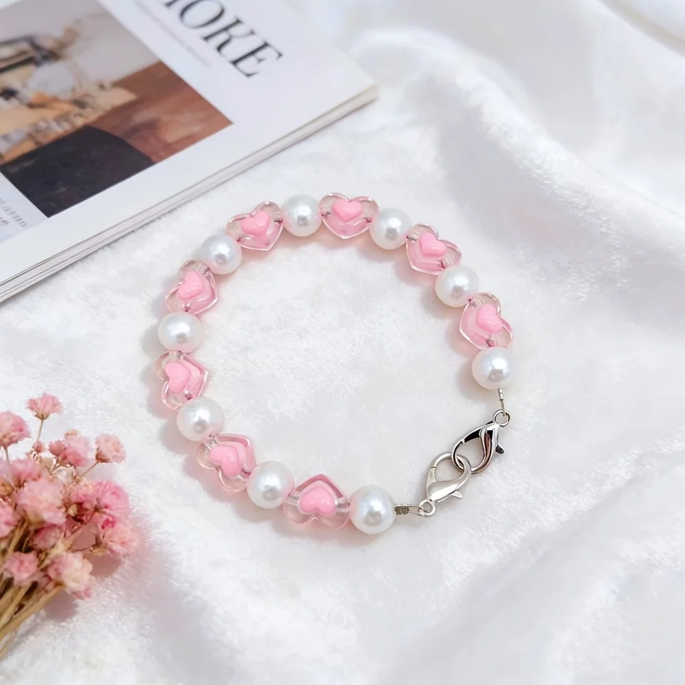 

Pink heart-shaped bead phone chain DIY jewelry accessories handmade bag keychain chain phone case pendant for women
