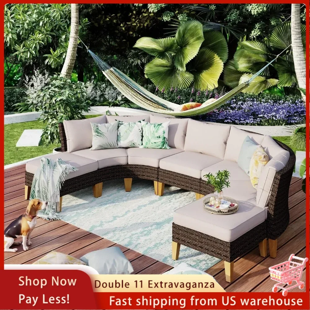 

7 Pieces Wicker Patio Furniture Set, All-Weather Rattan Outdoor Half-Moon Curved Sectional Sofa Set for Garden, Backyard