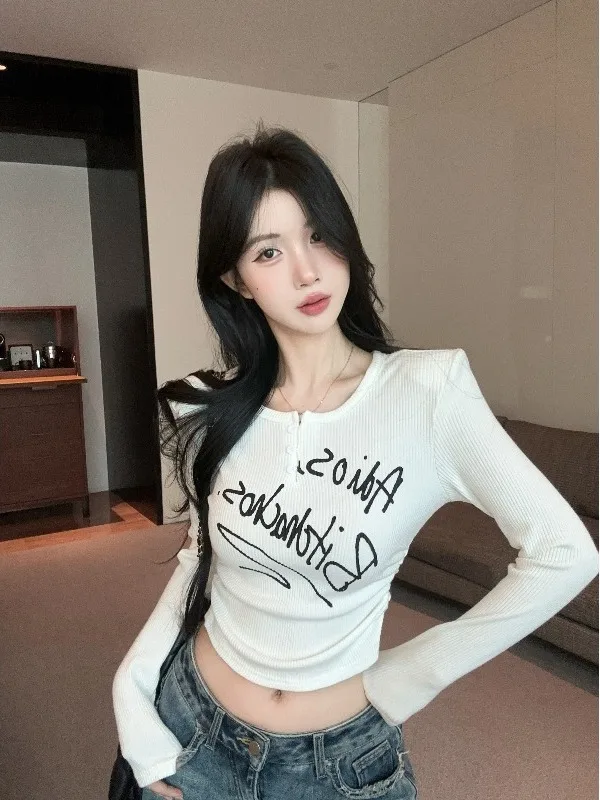 

Retro American Hot Girl Short Waist Sleeveless Long Sleeve Women's Base Shirt Short Style Autumn Winter Fashion Top