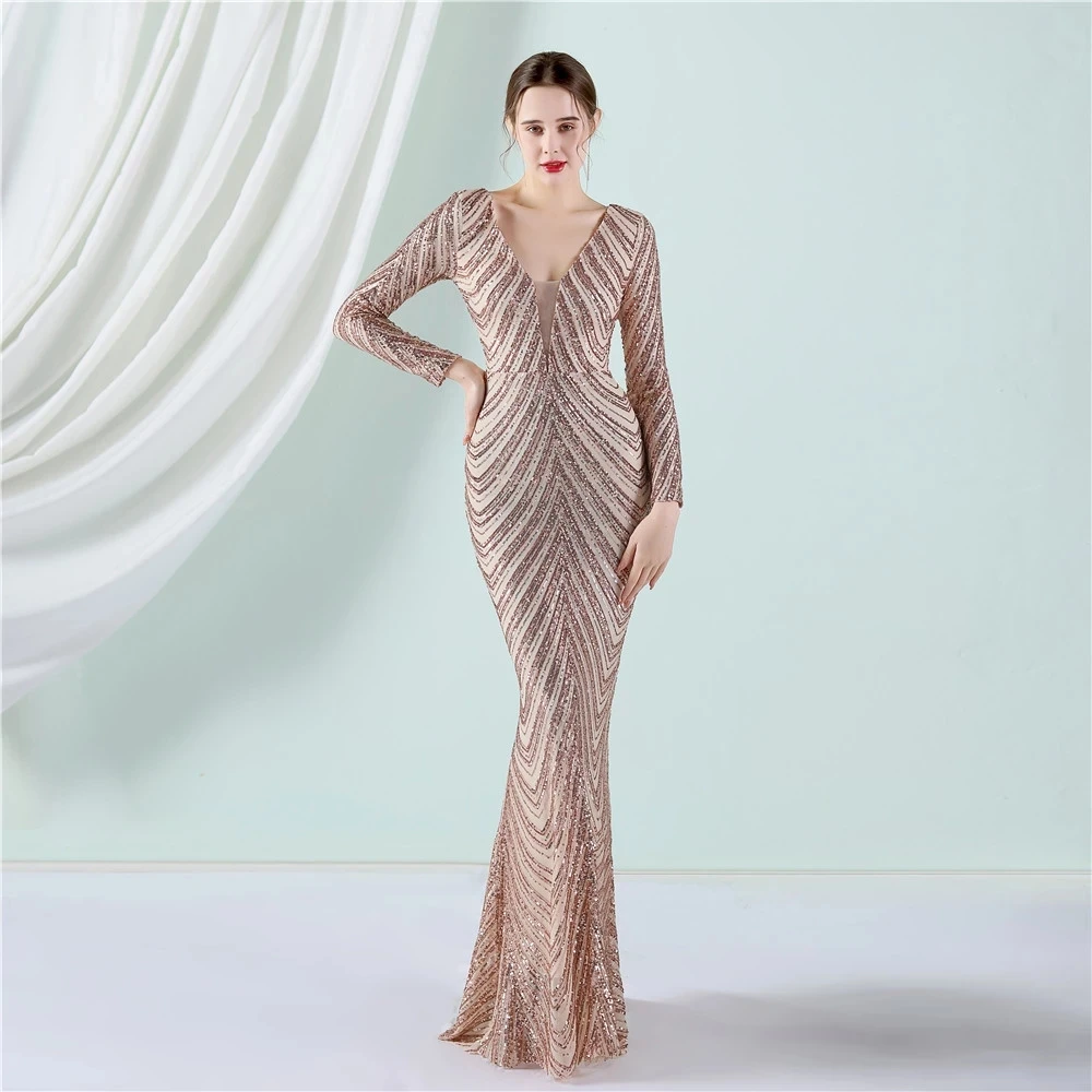 Plus Size Nieuwe Vrouwen Elegante V-hals Lange Mouwen Avondjurk Sexy Mermaid Sequin Vrouwen Floor Lengte Bruiloft Jurk Vestidos