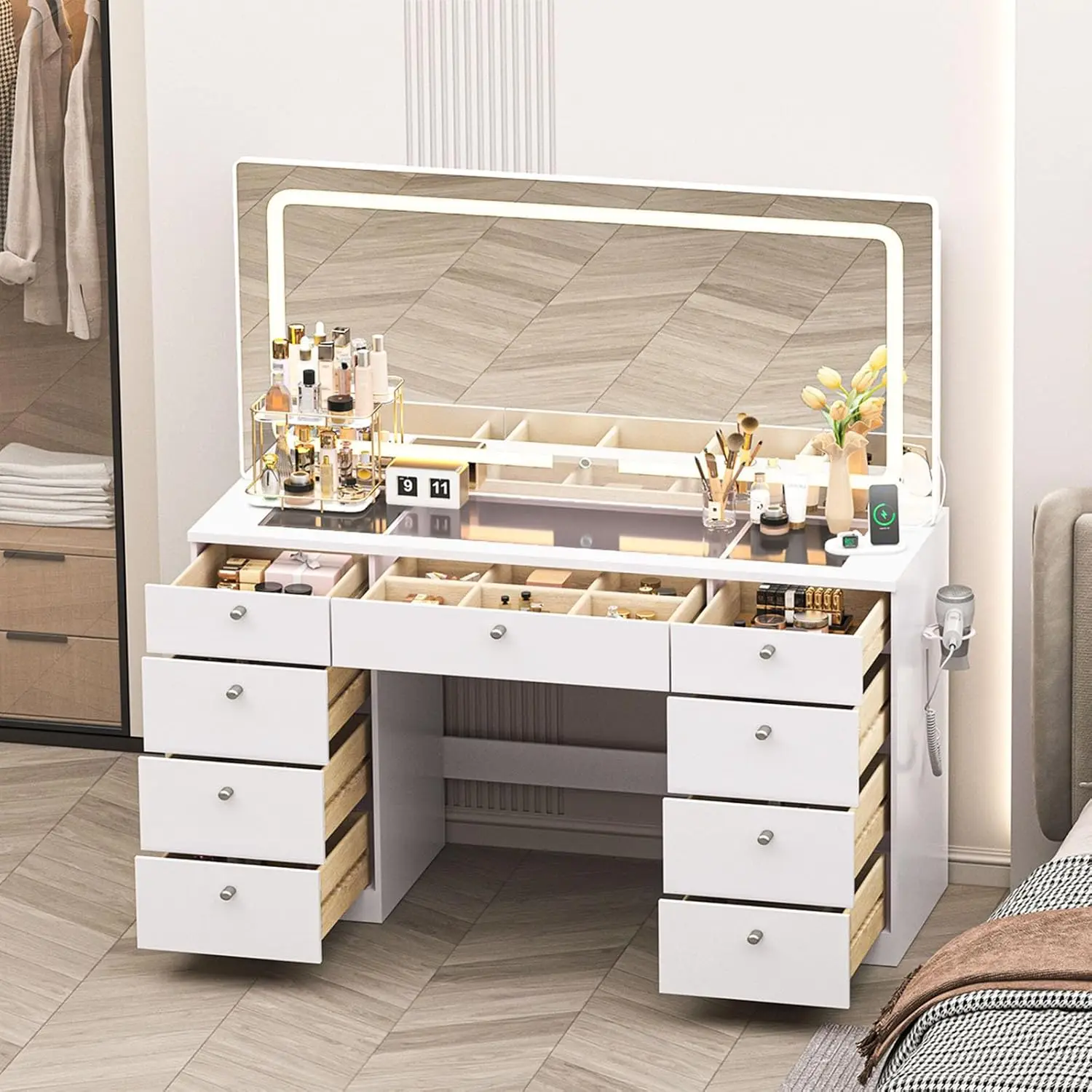 46 INCH Makeup Vanity Desk with Mirror - with Lights, Drawers, Power Outlet, Large Storage Desk for Bedroom, White