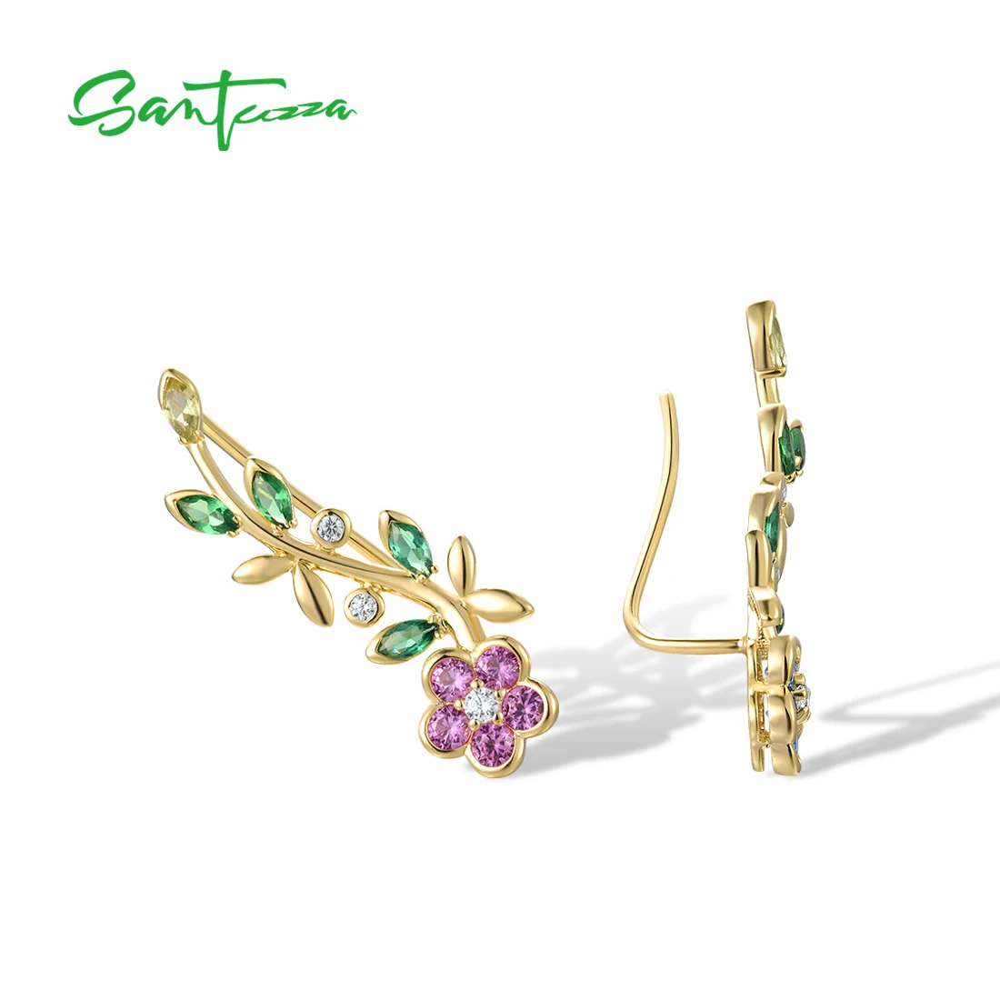 SANTUZZA 925 Sterling Silver Earrings Climber For Women Sparkling Colorful Gemstone Pierce Charm Engagement Gift Fine Jewelry