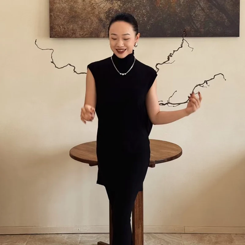 Hauts de danse latine amples pour femmes, sans manches, col haut noir, vêtements de danse pour enseignant, vêtements d'entraînement de danse latine pour adultes DNV25319