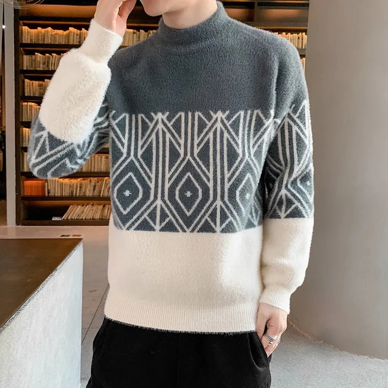 

Mink Fleece Sweater Men Half-High Collar Thicken Warm Knitted Long-Sleeve Tops Harajuku Patchwork Knitwear Casual Pullover