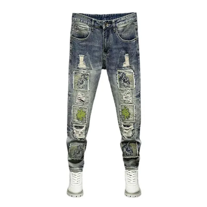 Street Fashion Men Jeans Retro Washed Blue Stretch Slim Fit Ripped Jeans Men Embroidery Patched Designer Hip Hop Denim Pants