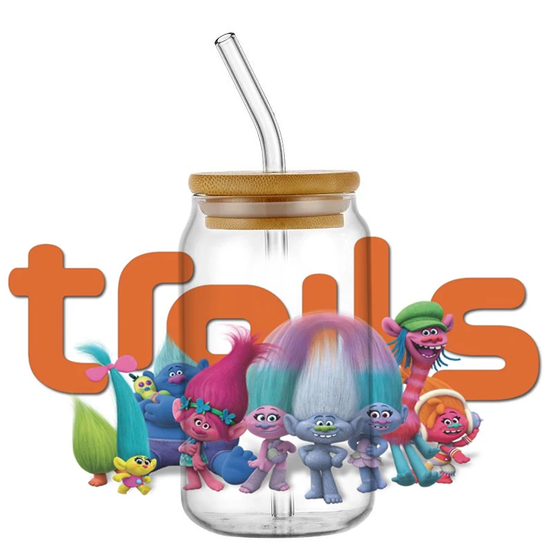 Miniso 3D Trolls Animated Cartoon Series For Libbey 16oz UV DTF Can Glass Waterproof Coffee Mug Can UVDTF Wrap Wholesale