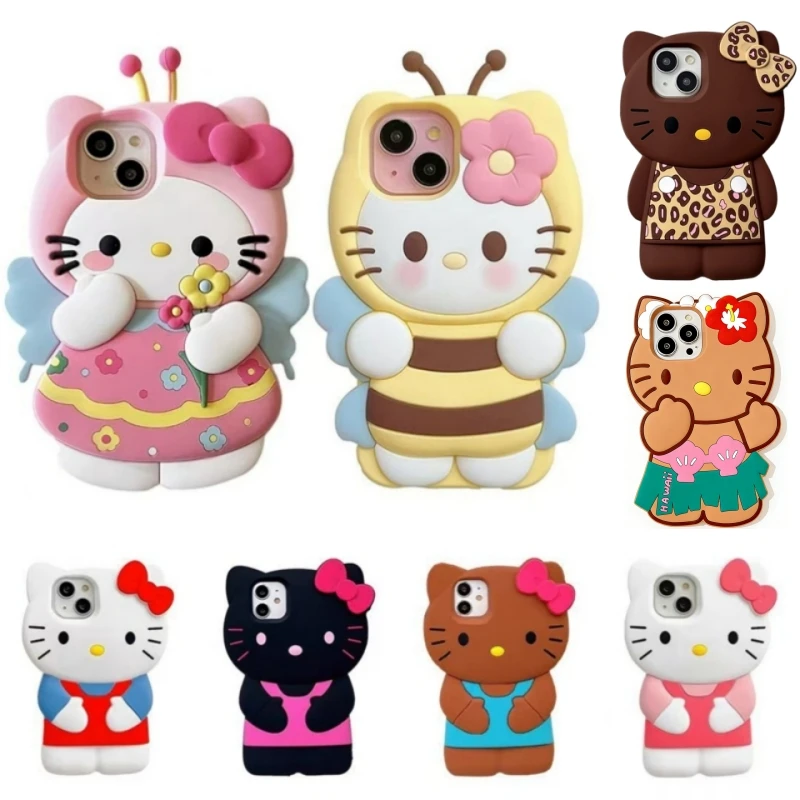 Funda de Silicona Suave Sanrio 3D con Diseño de Hello Kitty y Lazo para iPhone 17 16 15 14 13 12 Pro Max 11, Anti-Caídas, Estilo Y2K