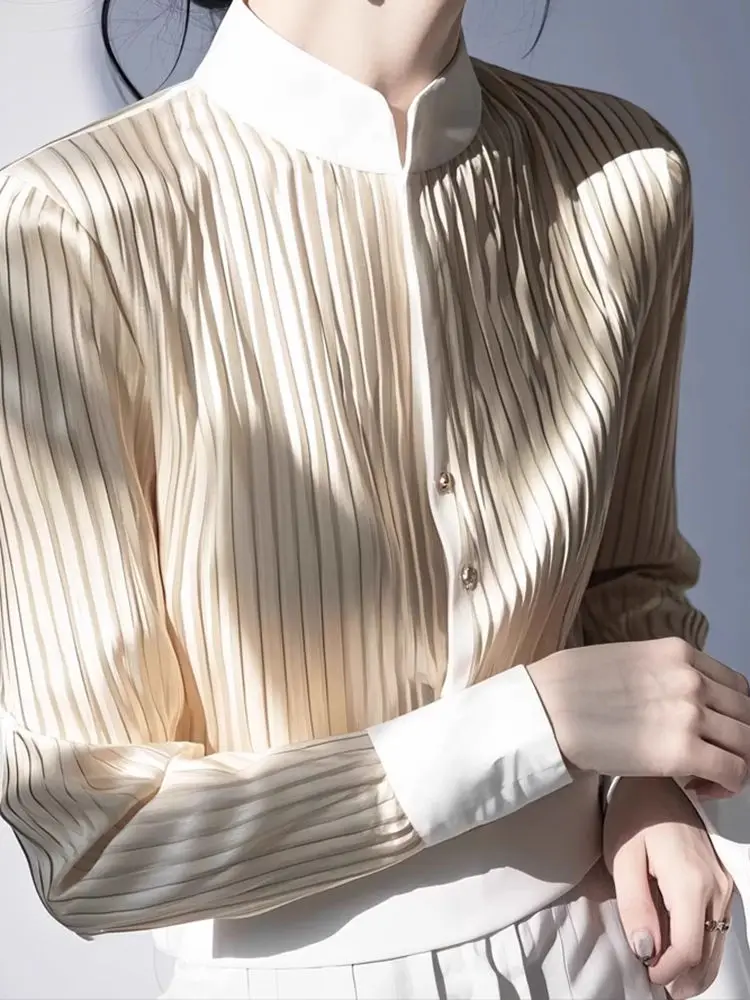 

High-End Light Luxury Apricot Striped Shirt for Women Spring Stand Collar Stylish French Slimming Long Sleeve Blouses Women Top