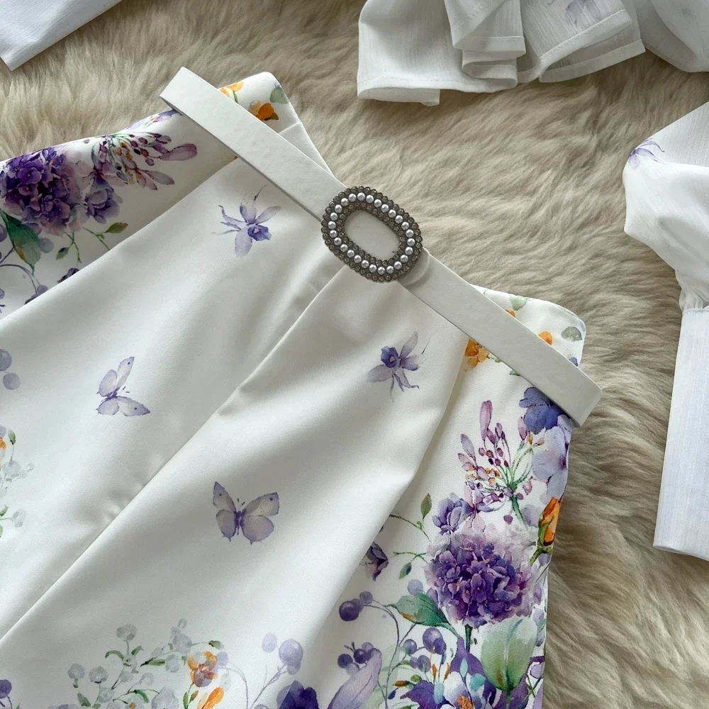 Greenora 2026 Autumn Floral Print Two Piece Set Women Stand Collar Puff Sleeve Blouse + High Waist Shorts with Belt Casual