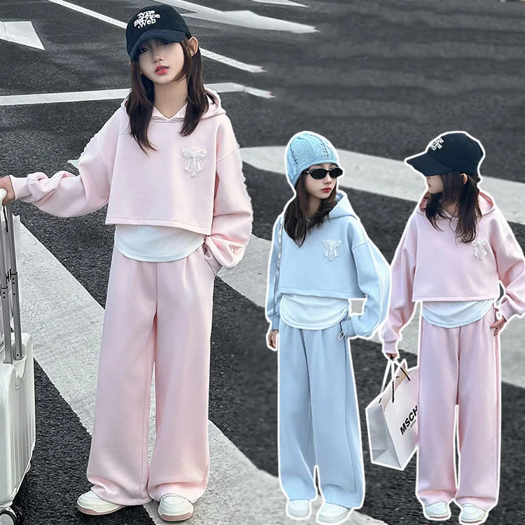 

Autumn School Girls 3pcs Outfit Drawstring Top+Lace Bowknot Hooded Sweatshirt+Sport Pant Children Girls Sets 4-14Y Girls Suits