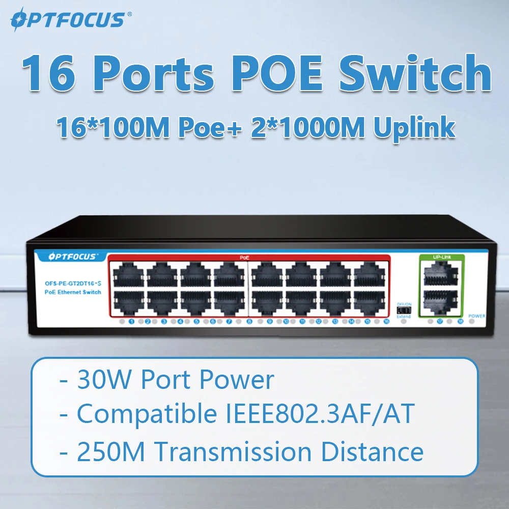 

OPTFOCUS 16 портов POE коммутатор 100 Мбит/с 48 В 30 Вт 802.3af 802.3at Ethernet-концентратор разветвитель активный сетевой коммутатор Ethernet