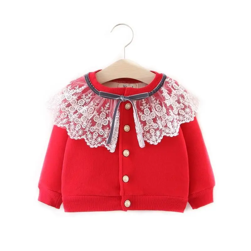 2024 new winter Girl Sweater Cardigan Coat Baby lace solid color Girls Kids Jacket Children  Coats Clothes