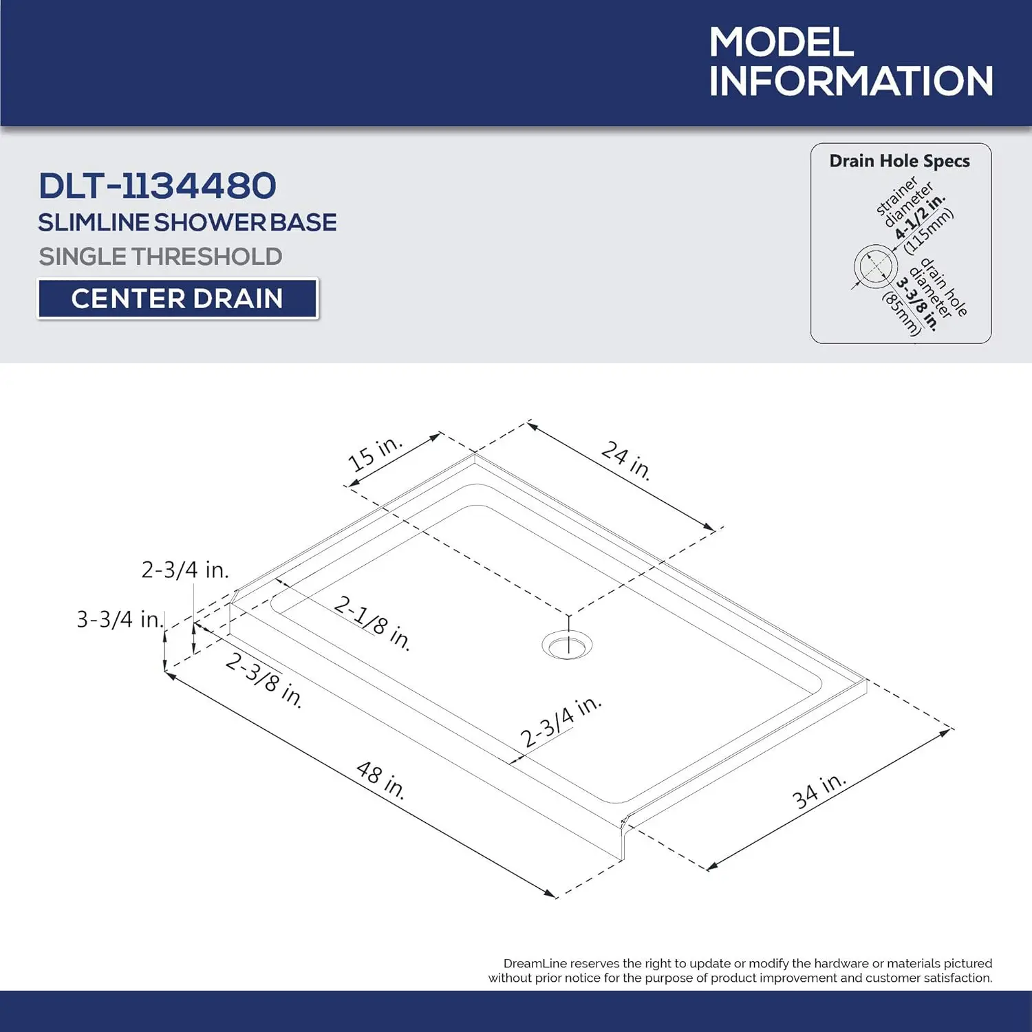 34 in. D x 48 in. W x 2 3/4 in. H Center Drain Single Threshold Shower Base in Biscuit