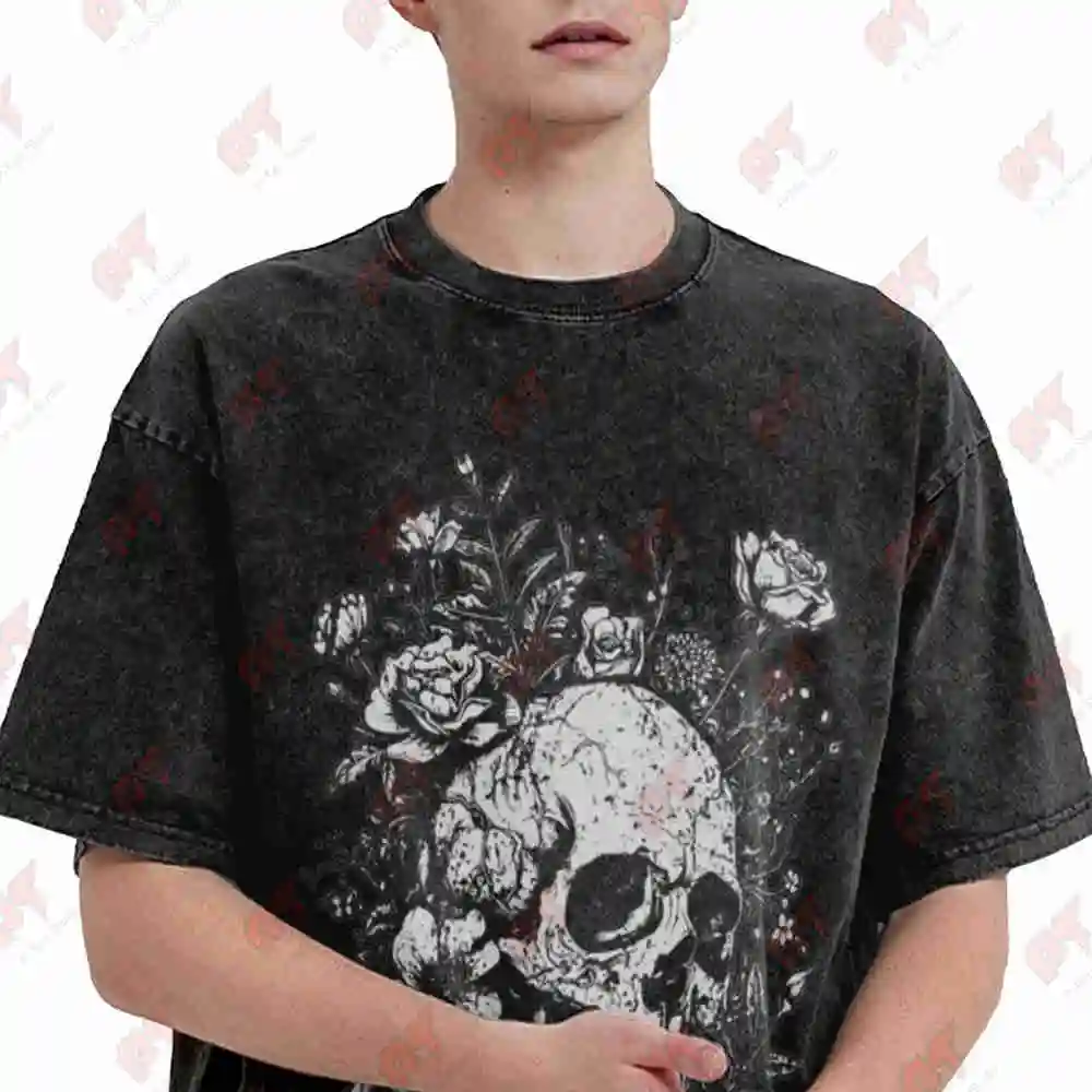Gothic Skull Rose Floral Skeleton Linocut Witchy Goth Alternative Grunge Dark Aesthetic Vintage Washed Tee Pure Cotton T-Shirt