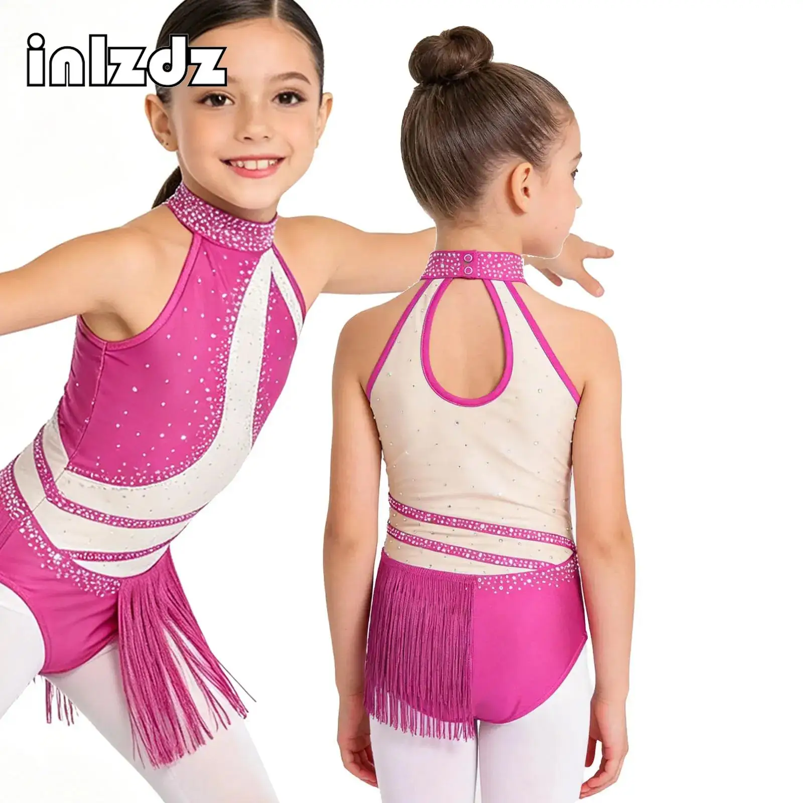 

Girls Sleeveless Tank Fringed Dance Leotard Rhinestones Figure Skating Rhythmic Gymnastics Tassel Bodysuit Dress Dancewear