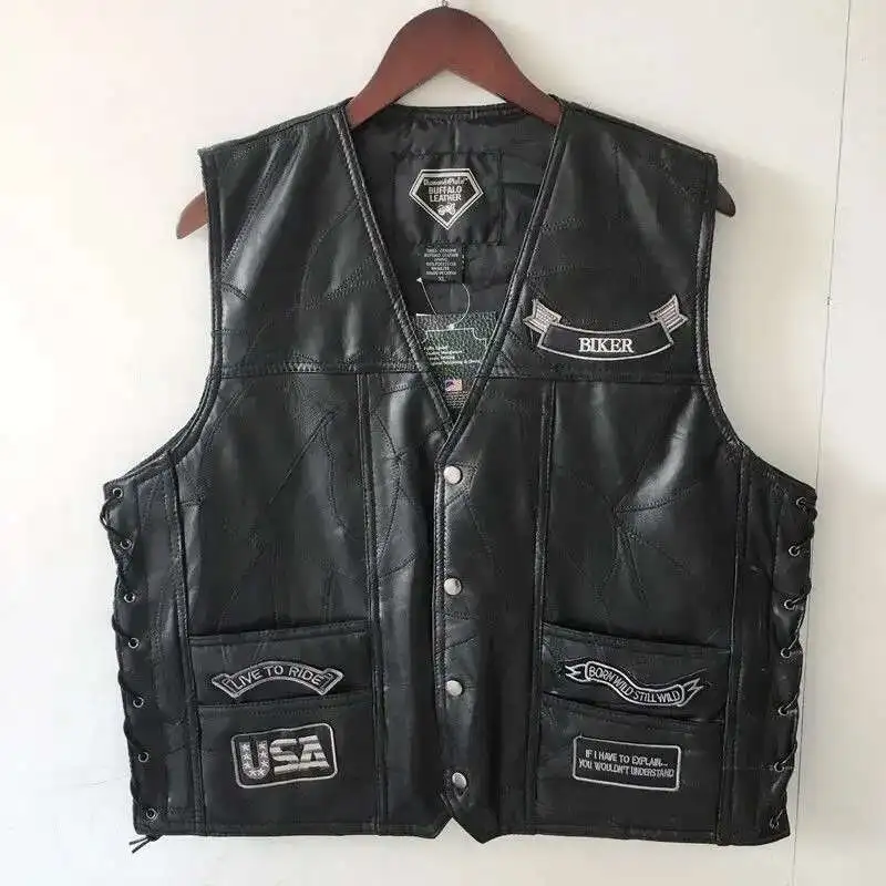 Motorcycle Style Harley Motorcycle Riding Vest Men\'s Leather Vest Shoulder PU Leather Dark Series Embroidered Badge Design