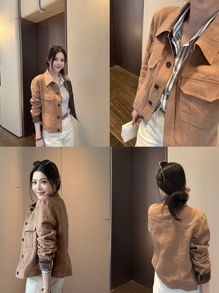 Teec Linen Jaet Retro Sle Patchwork-jas voor dames Herfstmode Dames korte bovenkleding Geldzakontwerp