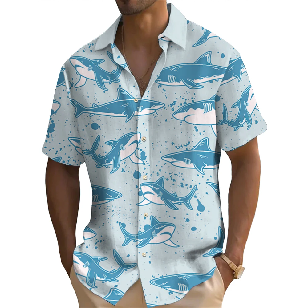 Hawaiian Shirt For Men Kawaii Shark Pattern Short Sleeved Shirts Casual Men's Streetwear New Loose Tops Oversized Original Shirt