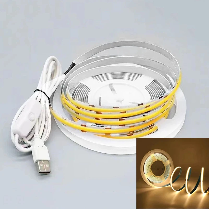 USB Button Switch COB LED Strip Light High Brightness Flexible Strip Lamp For TV Backlight Bedroom Study Room Decor Lighting