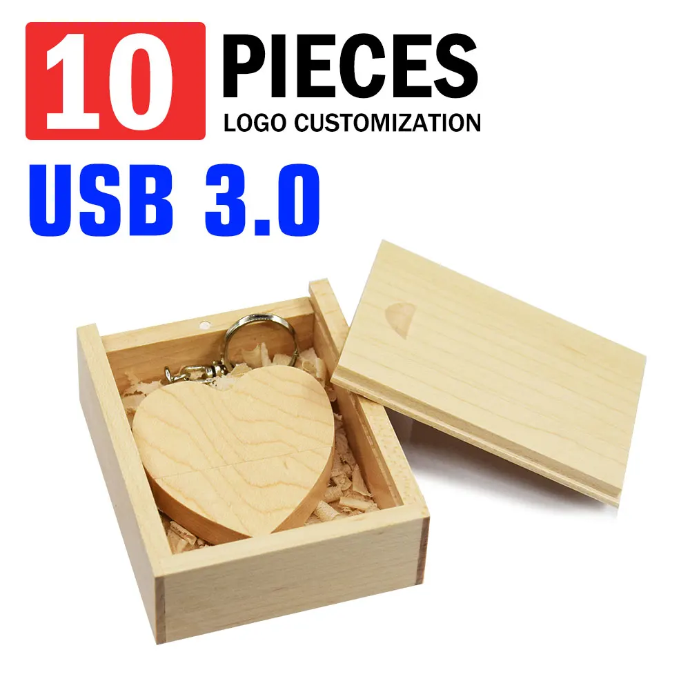 

10PCS/Lot Free Logo Wooden Heart USB Flash Drive Photography Wedding Gift Pen Drive Real Capacity Memory Stick 64GB/32GB 3.0