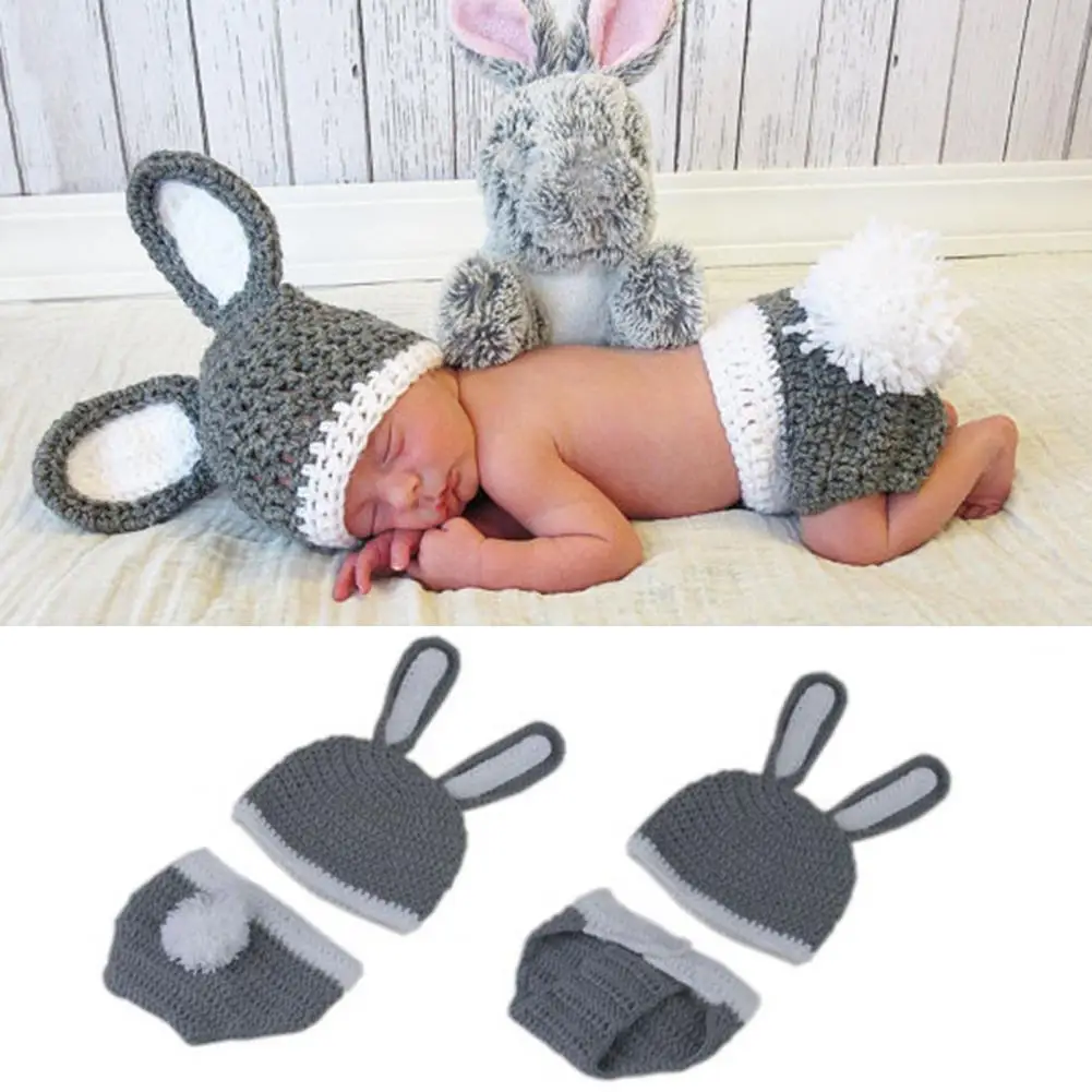 

Newborn Sweater Handmade Cartoon Shape Shooting Props Yarn Little Gray Rabbit Baby Photography Clothing Hat for Girl