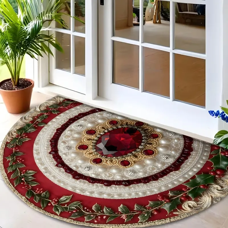 Luxury 2D Gemstone Pearls Semi Circle Doormat Royal Palace Welcome Mat