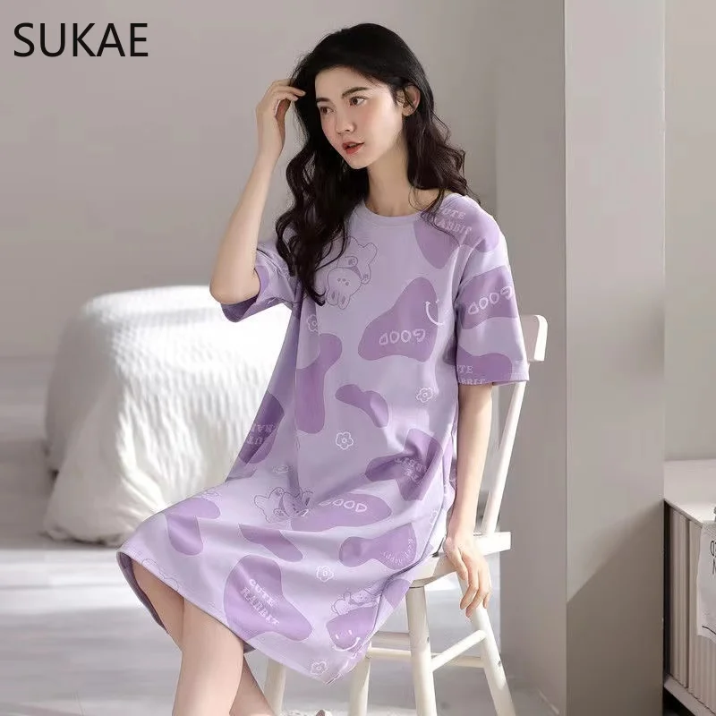 SUKAE Plus Size M-5XL Woman Nightdress Summer Women Sleepshirt 100% Polyester Milk Silk Short Sleeves Sleep Top Casual Sleepwear