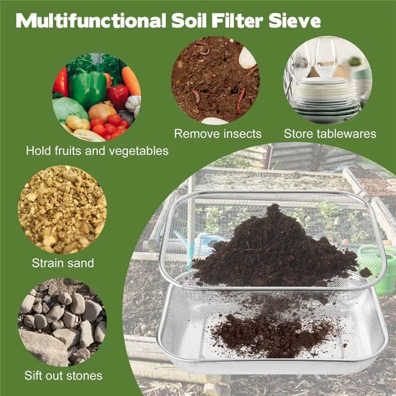 PZHI 2 Pcs Soil Sifters, Stainless Steel Garden Compost Sieves with 1/4 & 1/12 Inch Mesh Screen - Soil Strainers for Gardening
