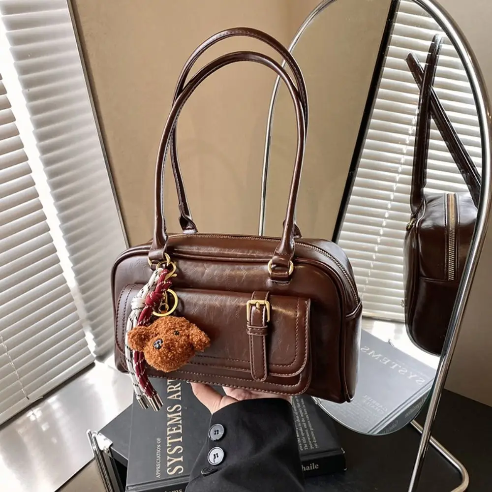 

Casual Korean Style PU Bowling Bag Handbag Minority Design Pocket Boston Tote Bag French Style Solid Color Underarm Bag Girls