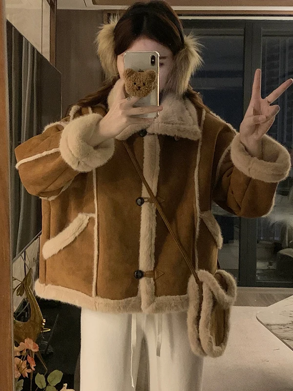 

Женская куртка из меха ягненка, зимнее новое замшевое кожаное теплое пальто, корейская версия, лоскутная верхняя одежда с мехом