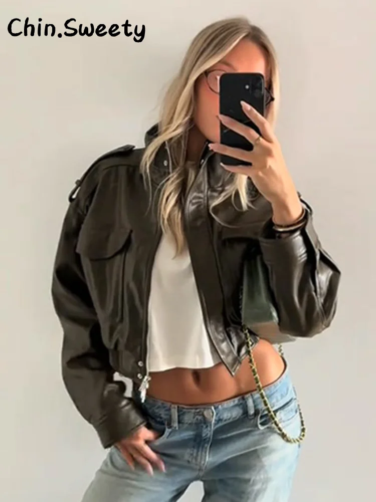 Chaqueta de cuero recortada con bolsillos Vintage para mujer, abrigo holgado con cuello levantado y manga larga con cremallera, prendas de vestir elegantes para mujer 2025