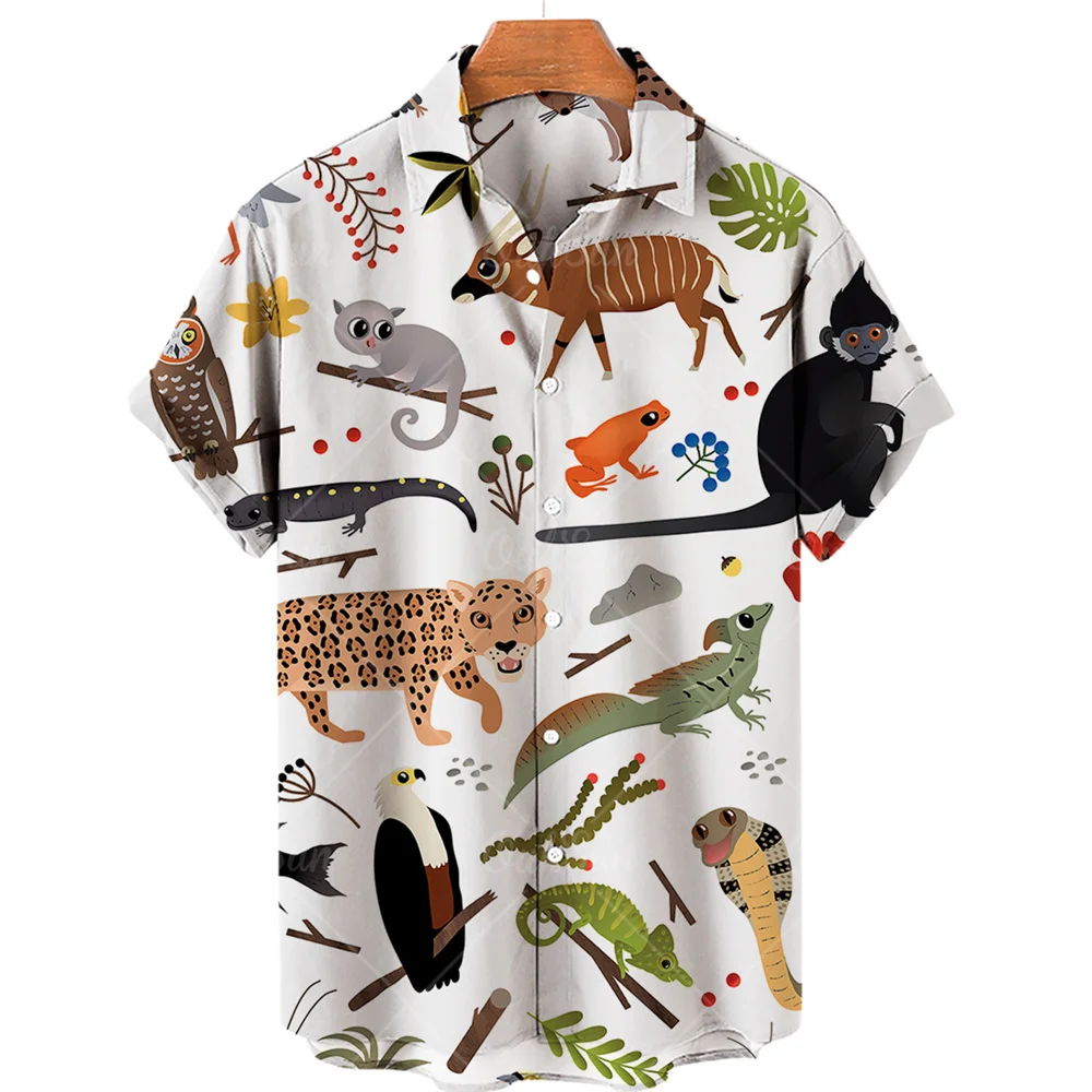 Summer New 3d Animal Print Hawaiian Shirt Men\'s Casual Button V Neck Loose Shirt American Fashion Top