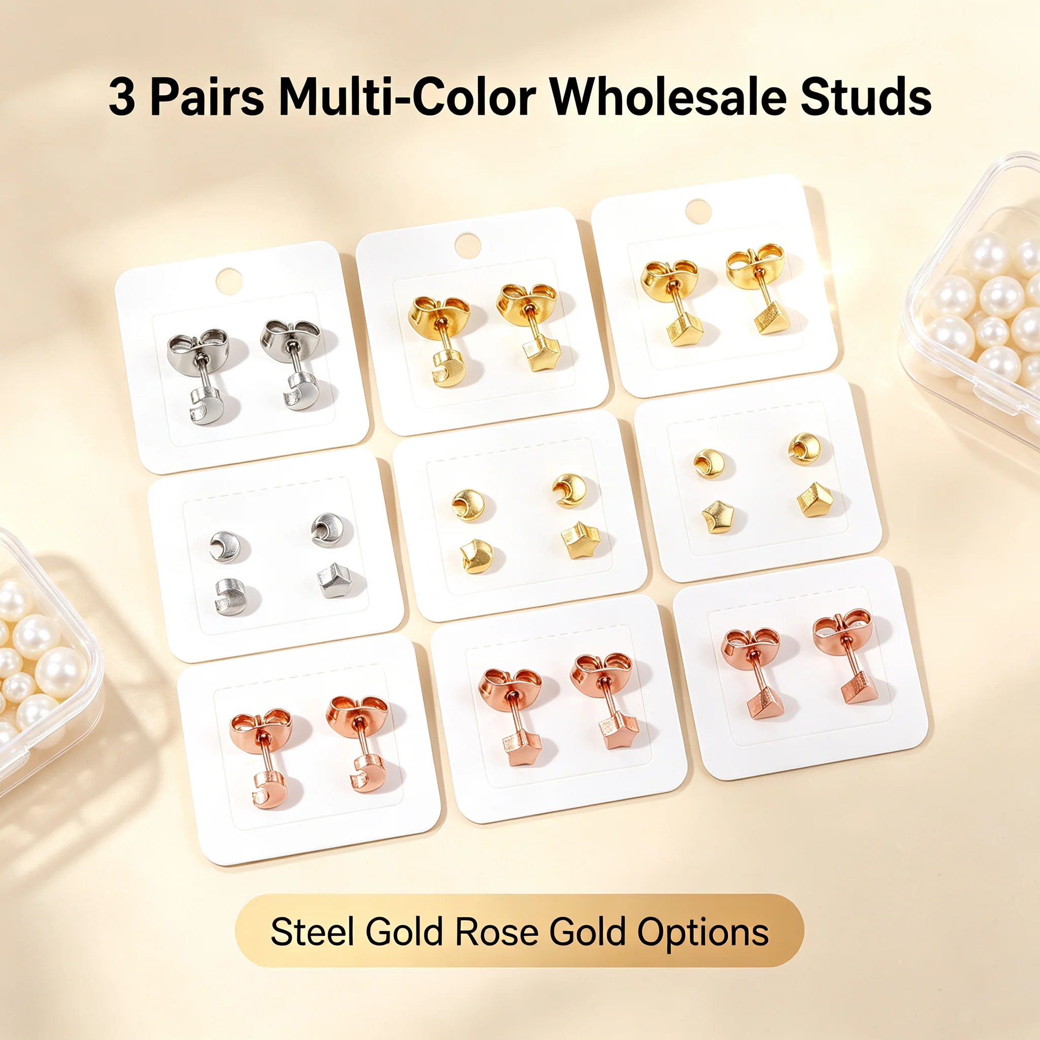 Bulk Supply 3Pairs Stainless Steel Geometric Stud Earrings Silver Gold Rose Gold Moon Star Triangle Hypoallergenic Piercing