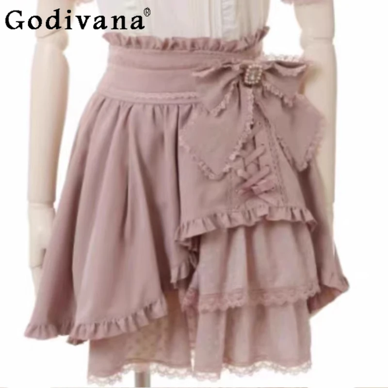 

Весна-лето, милая японская универсальная возрастная кружевная юбка с боковой шнуровкой и бантом, шикарная нерегулярная милая юбка-тортик с высокой талией для девочек