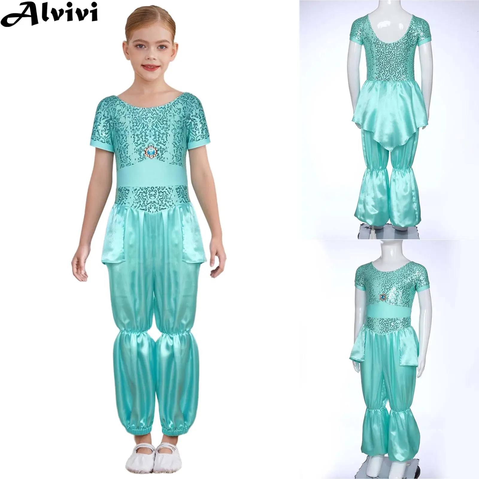 

Kids Girls Shiny Sequin Bally Dance Jumpsuit Halloween Theme Party Carnival Fairy Tales Arabian Jasmine Princess Cosplay Costume