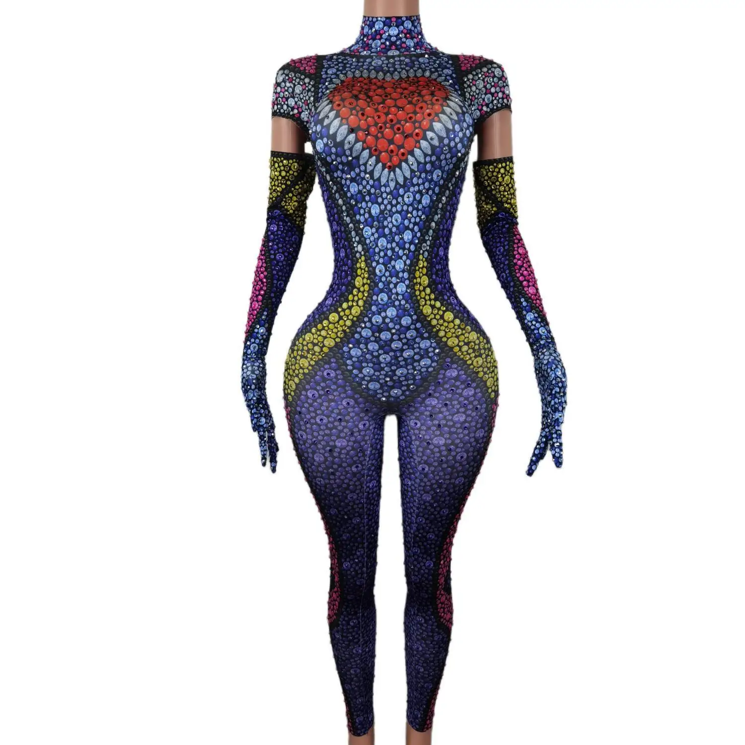 Multicolor Women Short Sleeve Bodysuits with Gloves Cosplay Dance Performance Costumes Ladies Party Crystal Rhinestone Jumpsuits