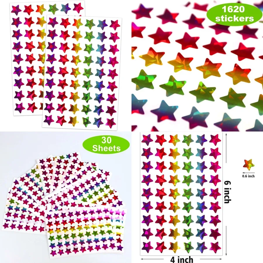 

1620 Holographic Rainbow Small Star Stickers for Reward Behavior Chart Student Planner and School Classroom Teacher Supplies 0.