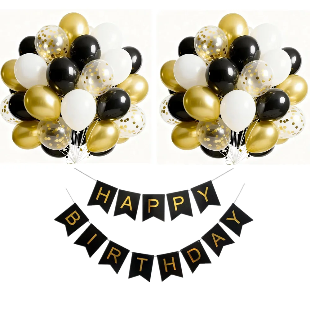 41pcs Black Gold Confetti 'Happy Birthday' Banner Party BackdropDecorations for Birthday Anniversary New Year Party Decor