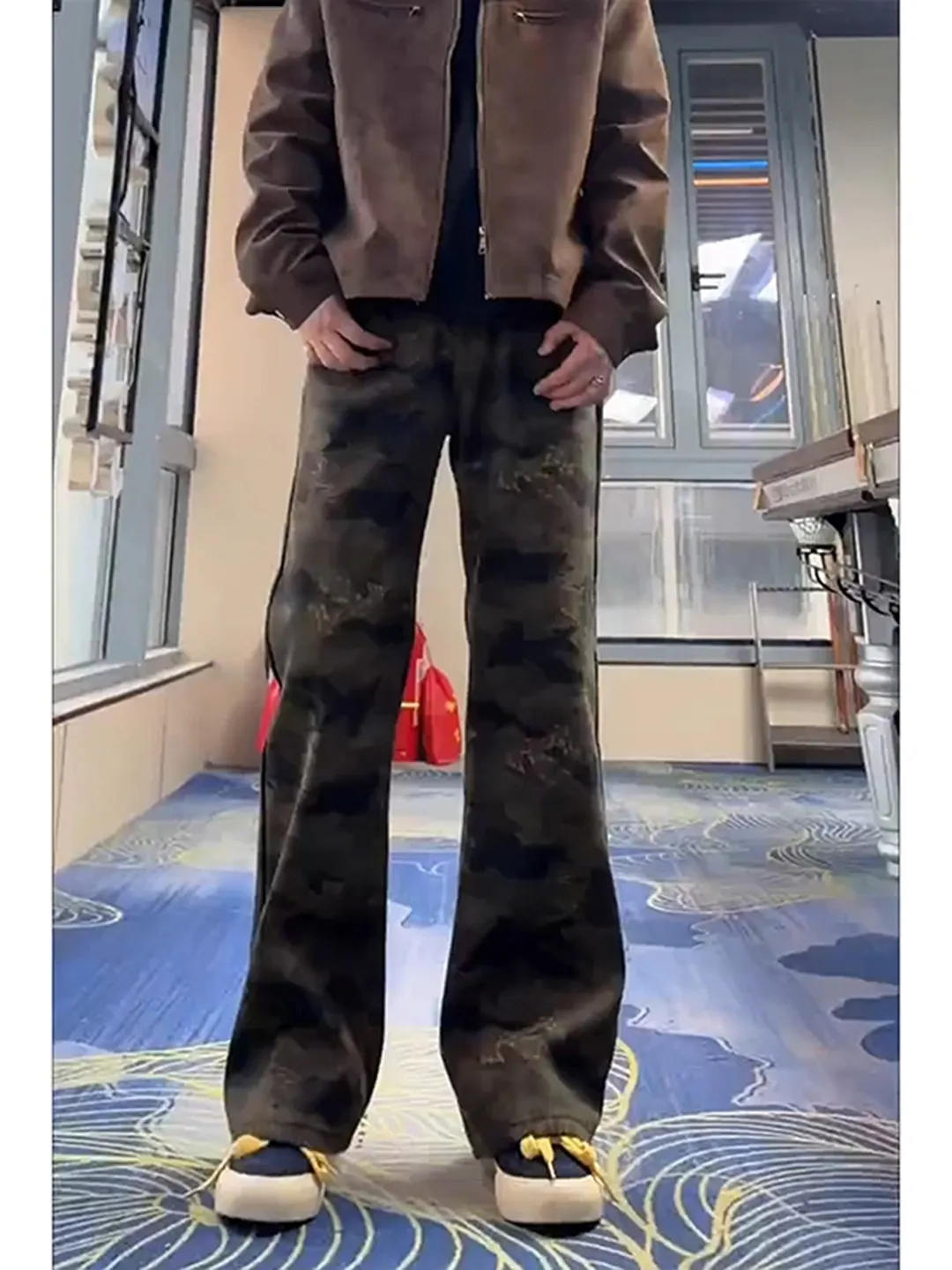 American Style Camouflage Straight Leg Workwear Jeans Men's Spring 2026 High Street Slim Fit Bell Bottoms Casual Trousers