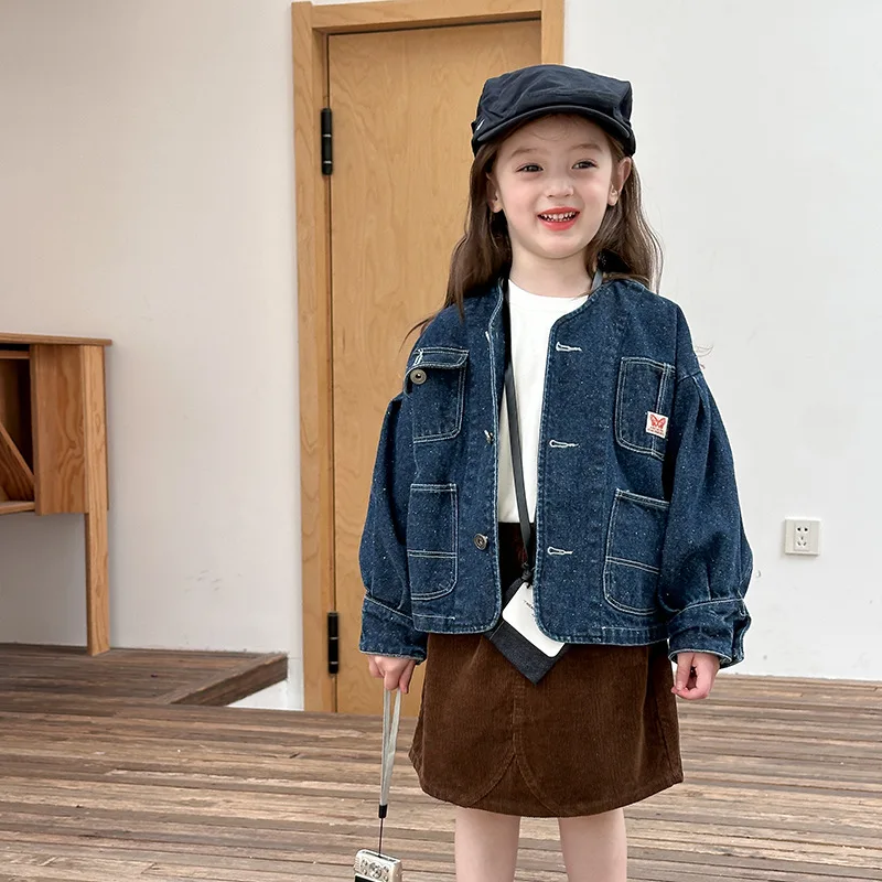 Modelo resistente ~ 2024 outono menina bebê versão coreana moda bolso workwear feng shui lavagem jaqueta jeans